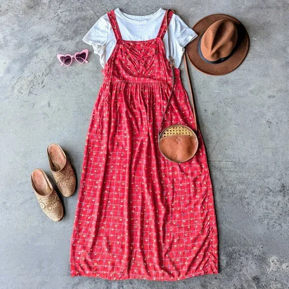 Vintage Pellini Sophisticates Red Patterned Pinafore Overall Maxi Dress small - Picture 1 of 8